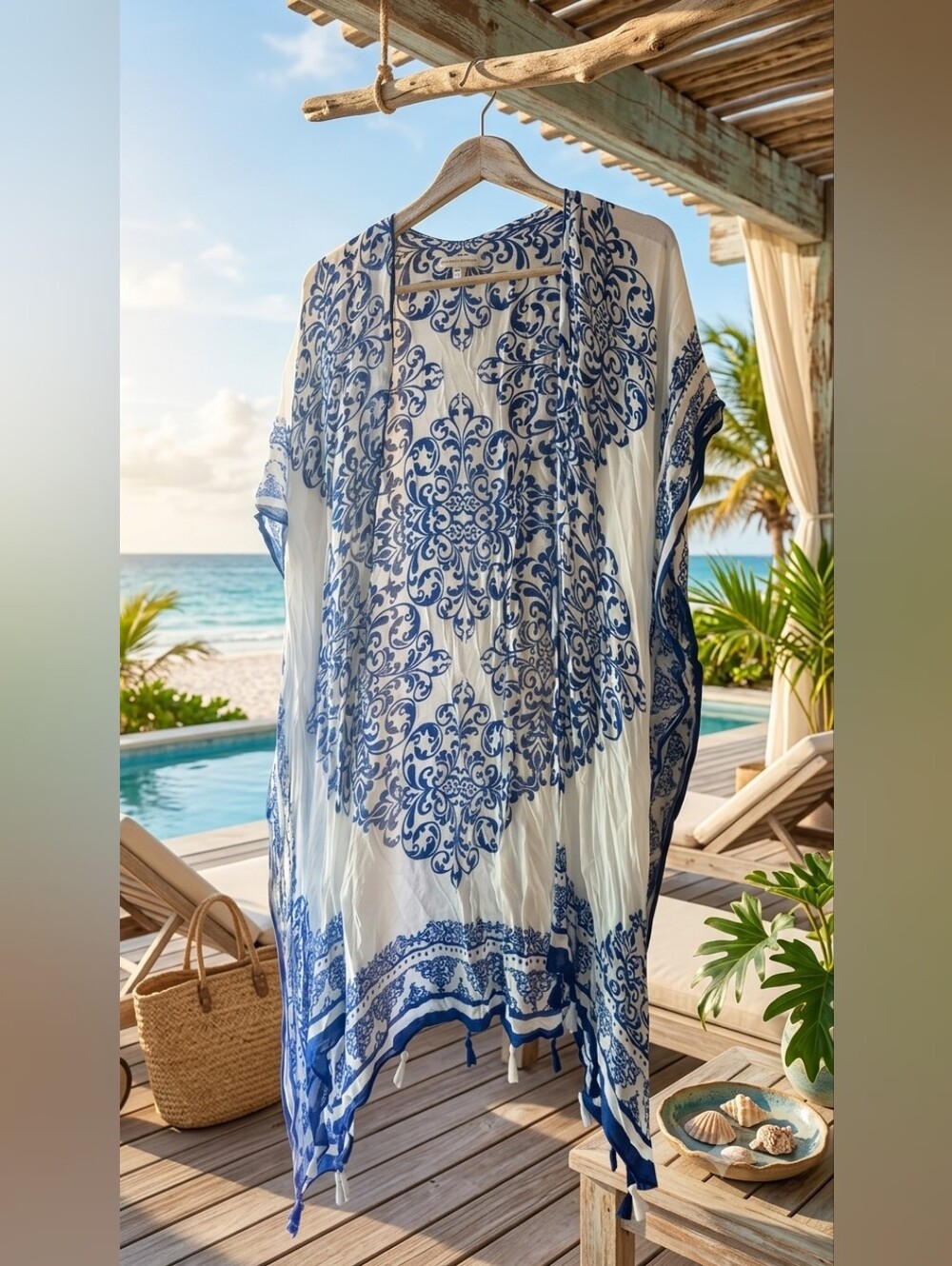Woven Heart Blue and White Ornate Beach Kimono